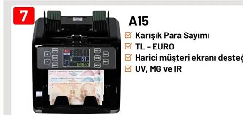 A15 TL / Euro Üstten beslemeli Kağıt Para Sayma Makinesi